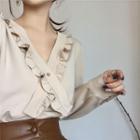 Frilled V-neck Long-sleeve Blouse