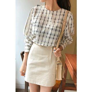Bishop-sleeve Plaid Blouse