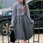 Turtleneck Asymmetrical Cropped Sweater / Pleated Midi A-line Skirt