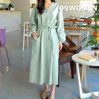 Plus Size Buttoned Long Dress With Sash