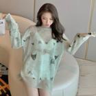 Print Knit Long-sleeve Light Pullover Light Green - One Size