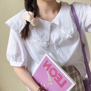 Short-sleeve Lace Trim Wide-collar Blouse