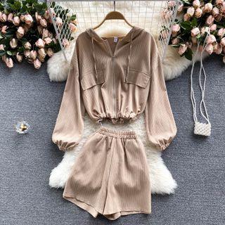 Set Of 2 : Hooded Zip Long-sleeve Cardigan + Plain Sweat Shorts