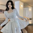 Square-neck Long-sleeve Bow A-line Dress