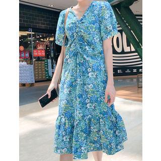 Drawstring-front Floral Print Dress Navy Blue - One Size