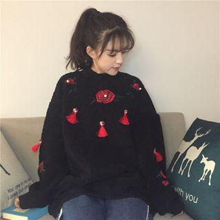 Mock Neck Tasseled Embroidery Pullover