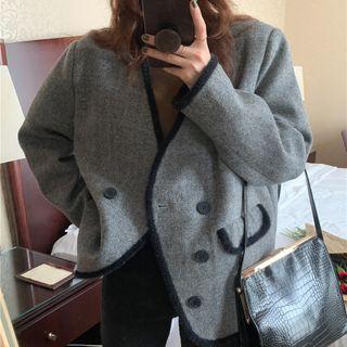 Long Sleeve V Neck Contrast Trim Woolen Cardigan