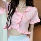 Embroidered Ruffle Trim Knit Crop Top