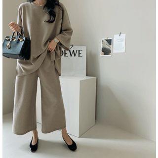 Set: 3/4-sleeve Top + Band-waist Pants Beige - One Size