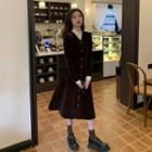 Corduroy Long-sleeve A-line Dress Wine Red - One Size