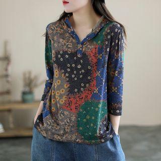 3/4-sleeve Print Hooded Knit Top