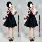 Set: Flower Print Long-sleeve Top + High Waist A-line Skirt