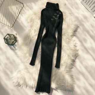 Grommet Turtleneck Rib Knit Dress
