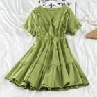 Short-sleeve Ruffled A-line Dress Avocado Green - One Size
