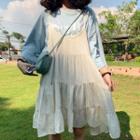Lettering 3/4-sleeve T-shirt / Strappy A-line Dress