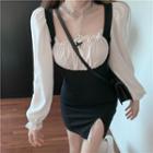 Long-sleeve Two-tone Slit Mini Sheath Dress Black & White - One Size