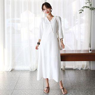 Diagonal-placket Tie-waist Long Dress