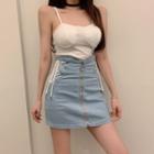 Lace-up Zip-front Denim Mini Skirt