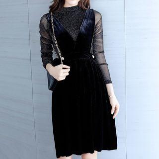 Set: Plain Long-sleeve Top + Sleeveless Dress