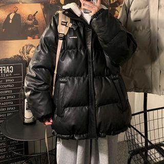 Faux-leather Fleece-lined Padded Hood Jacket