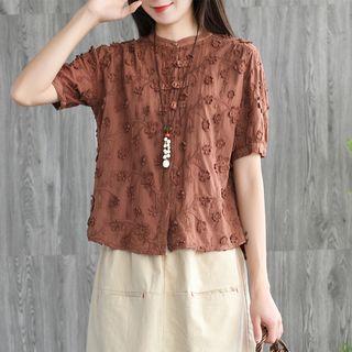 Elbow-sleeve Flower Detail Frog Buttoned Top