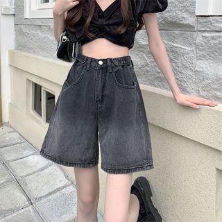 High-waist Wide-leg Gradient Denim Shorts