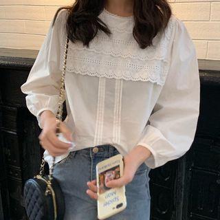 Lantern-sleeve Lace Trim Blouse White - One Size