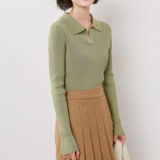 Long-sleeve Collared Notch-neck Knit Top