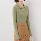 Long-sleeve Collared Notch-neck Knit Top
