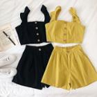 Set:plain Single-breasted Tank Top + High-waist Shorts