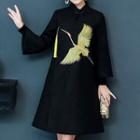 3/4-sleeve Crane Embroidered Frog-button Coat