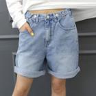 Adjustable-waist Washed Denim Shorts
