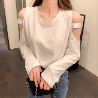 Long-sleeve Cold Shoulder T-shirt White - One Size