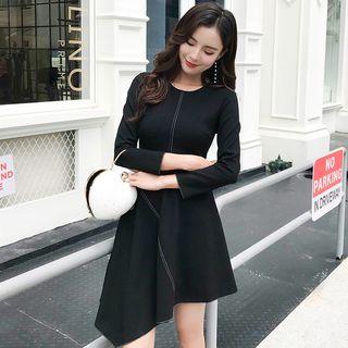 Long-sleeve Contrast Stitch Asymmetrical A-line Dress