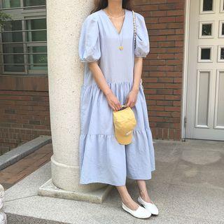 V-neck Puff-sleeve Midi A-line Dress Blue - One Size