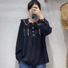 Peter Pan-collar Embroidered Floral Panel Lace Blouse