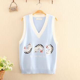 Contrast-trim V-neck Cat Jacquard Knit Vest