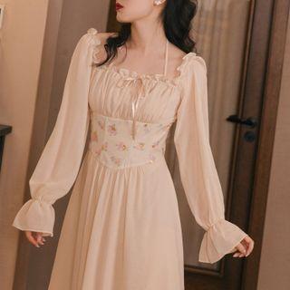 Long-sleeve Flower Print Panel Midi A-line Dress