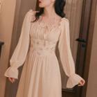 Long-sleeve Flower Print Panel Midi A-line Dress