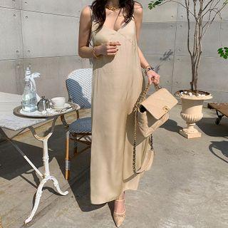 Spaghetti-strap Midi Satin Dress Beige - One Size