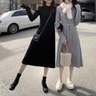 Tie Waist Long-sleeve Midi A-line Knit Dress