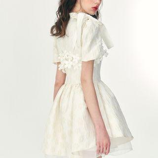 Short Sleeve Bow Detail Embossed Mini Dress