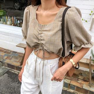 Drawcord-front Plaid Crop Blouse