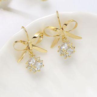 Rhinestone Bow Dangle Earring 1 Pair - Hook Earrings - Gold - One Size