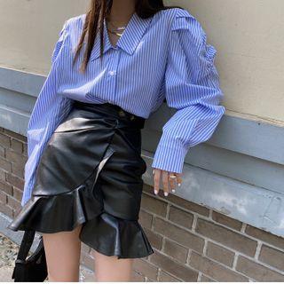 Shirred Faux Leather Ruffle Hem Mini Pencil Skirt