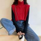 Plain Crewneck Slim-fit Long-sleeve Top / Plain Turtle-neck Loose-fit Cable-knit Vest