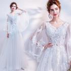 Lace Applique Cape-sleeve A-line Wedding Gown
