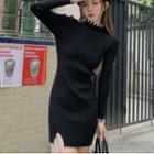 Mock-neck Contrast Stitching Knit Mini Sheath Dress Black - One Size