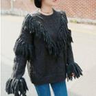 Fringed Cable-knit Sweater Black - One Size