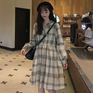 Plaid Long-sleeve A-line Dress Light Khaki - One Size